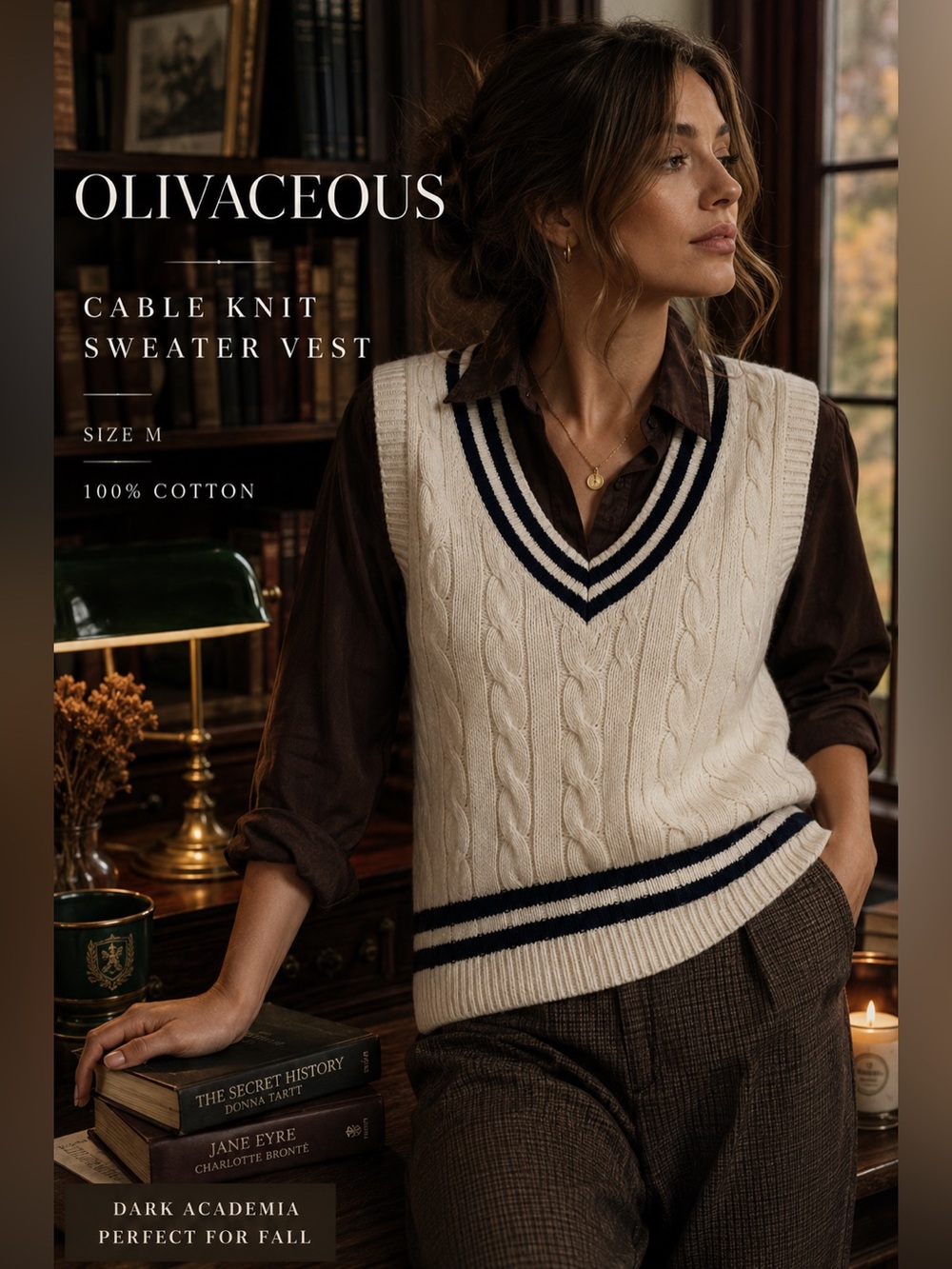 Olivaceous Cable Knit Sweater Vest Women’s M Ivory Navy Striped Preppy